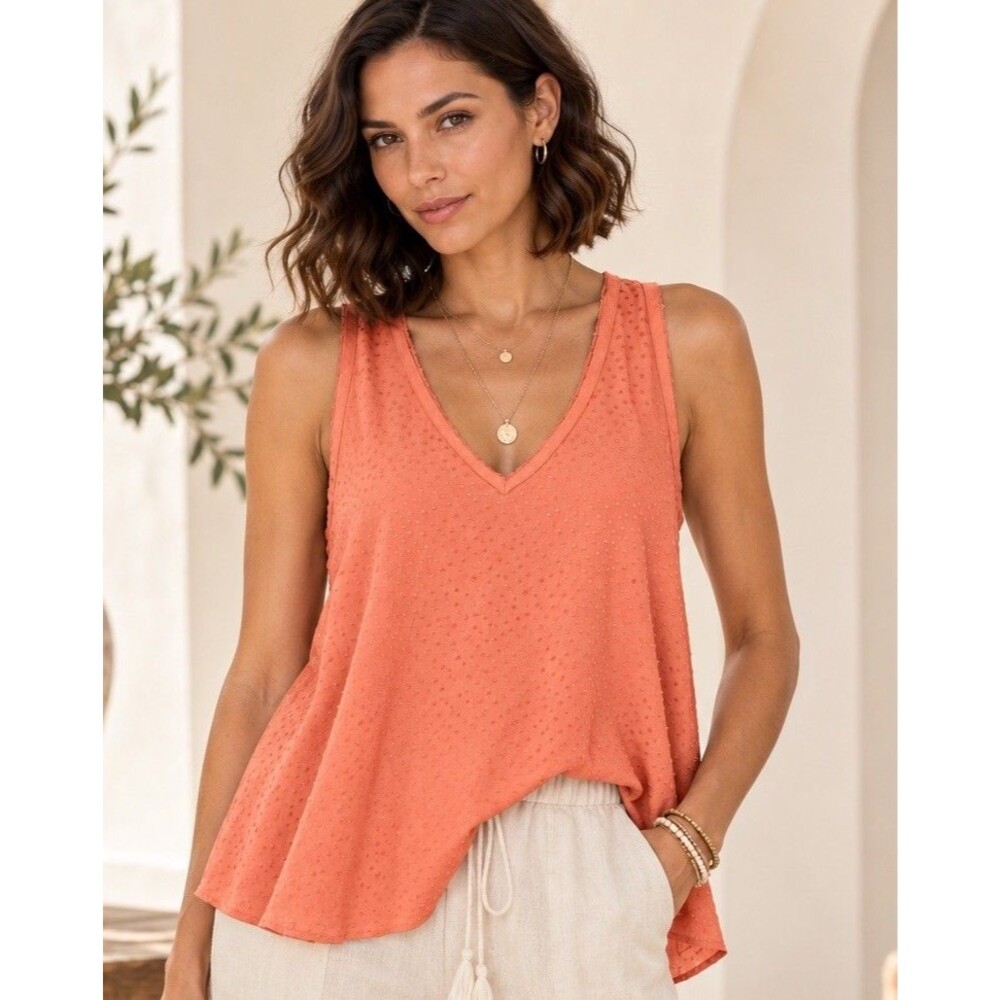 Womens Small Orange Dot 100% Silk Sleeveless Top V-neck Aline Cut Raw Edge GUC